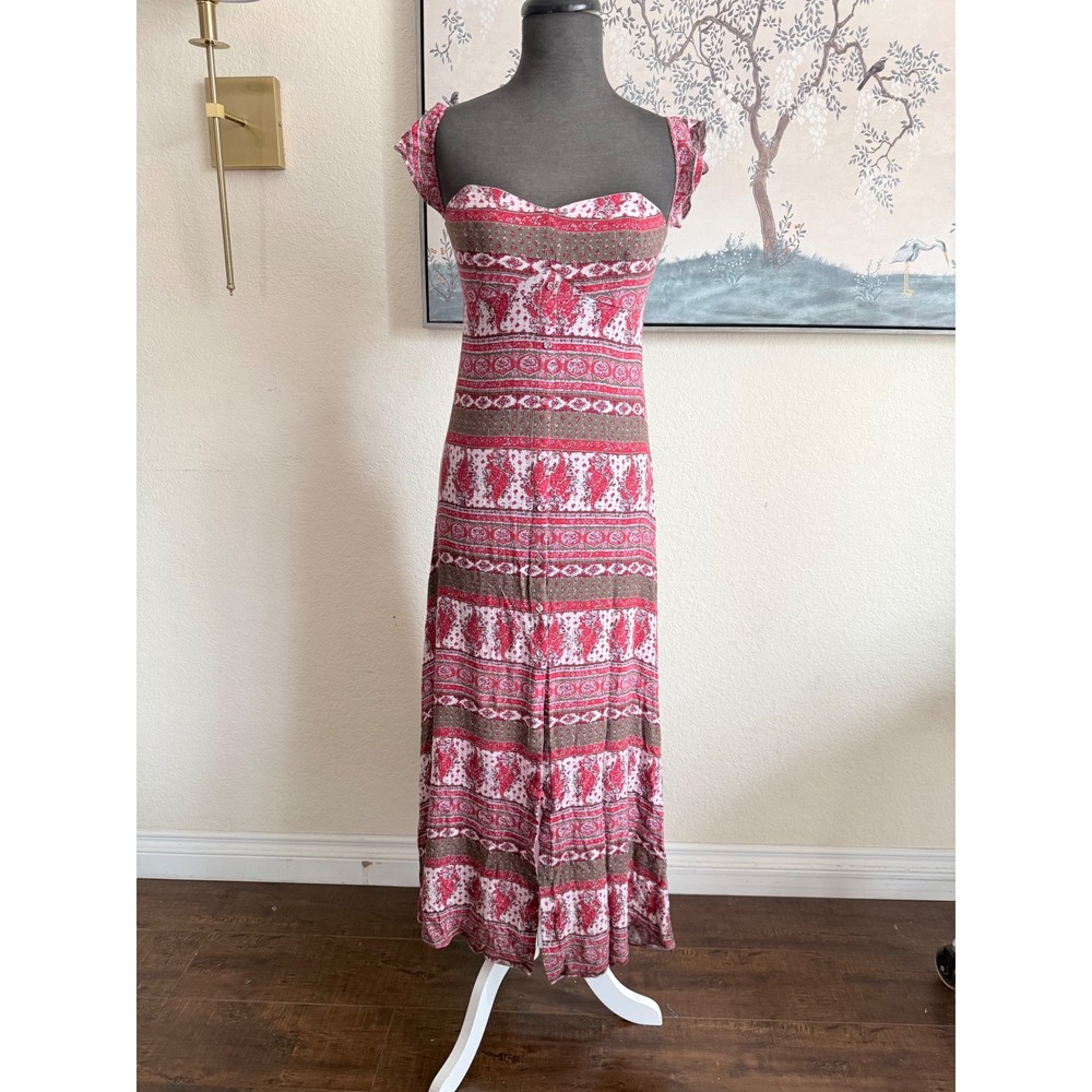 TJD Red Paisley Boho Maxi Dress Sweetheart Neck Cutout Back Small